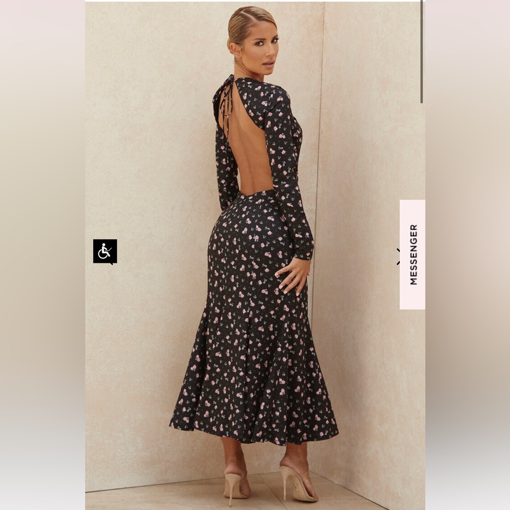 HOUSE OF CB OCTAVIA BLACK FLORAL BACKLESS MIDI DRESS